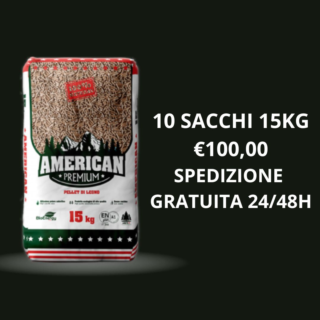 PELLET AMERICAM PREMIUM 15KG - 10 SACCHI ALTISSIMO POTERE CALORIFERO CLASSIFICAZIONE ENplus A1