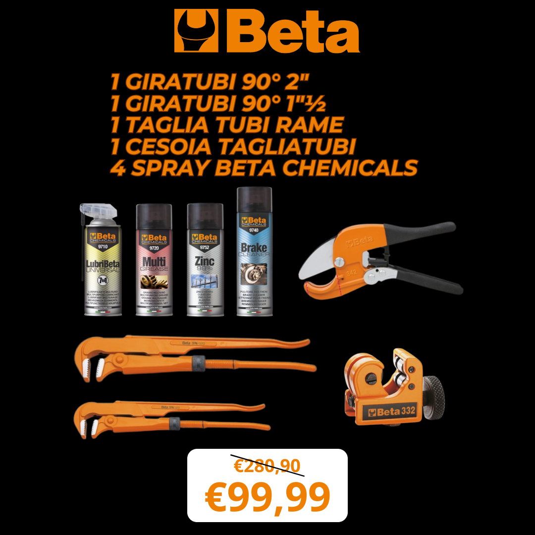 Beta Worker, 1 Giratubi 90° 2" art.376 + 1 Giratubi 90° 1"½ art.376 + 1 Tagliatubi Rame art.332 + 1 Cesoia Tagliatubi art.342 + 4 Spray Beta Chemicals art.(9710-9720-9740-9752)