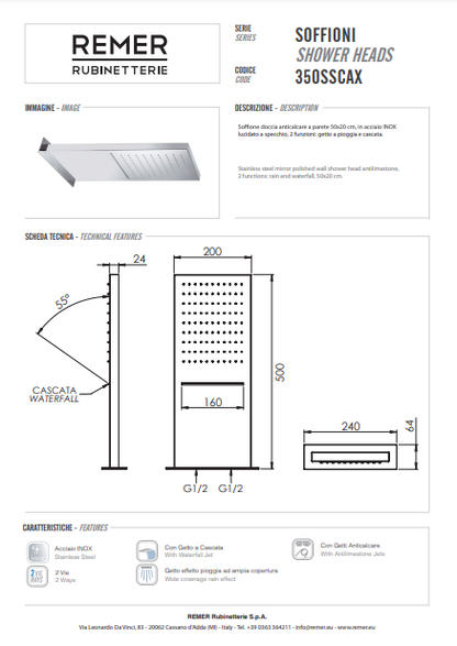 Soffione doccia a parete in acciaio inox lucidato a specchio 2 getti, normale o cascata. - Store F.lli Adornetto srl