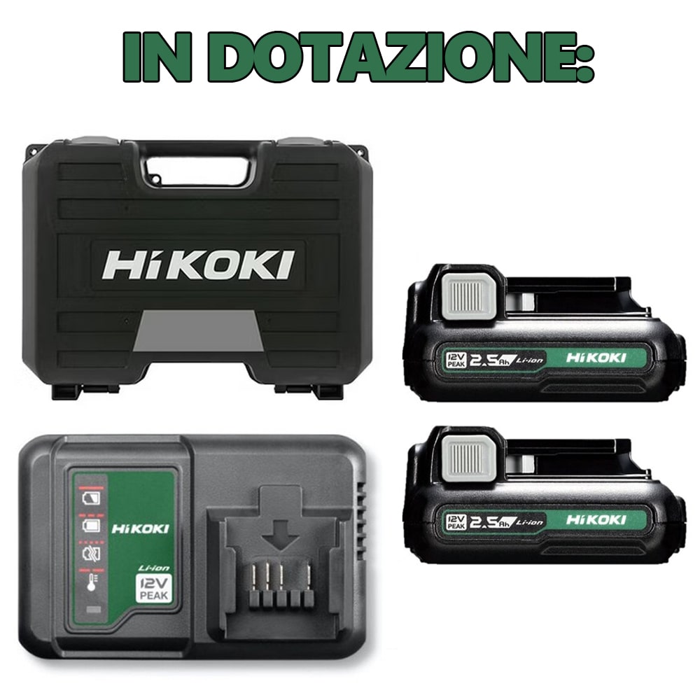 Kit promo combo HIKOKI KC12HKDA2 trapano con percussione DV12DA + avvitatore impulsi WH12DA + 2 batterie 12V 2,5Ah
