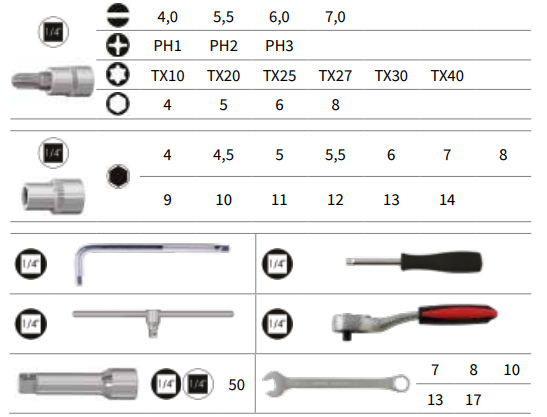 ASSORTIMENTO 40 PCS. BUSSOLE ED ACCESSORI 1/4” CON CHIAVI COMBINATE 40 PCS - Store F.lli Adornetto srl