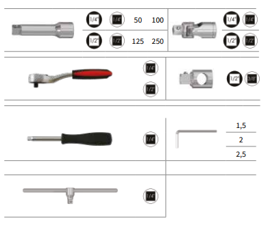 ASSORTIMENTO 108 PCS. BUSSOLE ED ACCESSORI 1/4” E 1/2” IN VALIGETTA ANTI-URTO - Store F.lli Adornetto srl