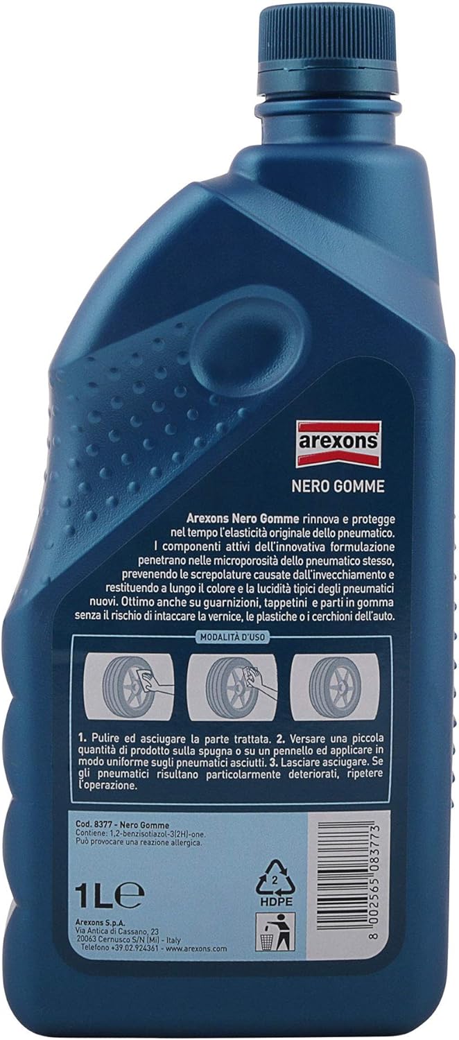 AREXONS NERO GOMME 1l Prodotto nero gomme auto, nero per pneumatici, nero gomme liquido, rinnova e protegge le gomme di auto e moto, previene dall'invecchiamento, maggiore elasticità della gomma - Store F.lli Adornetto srl