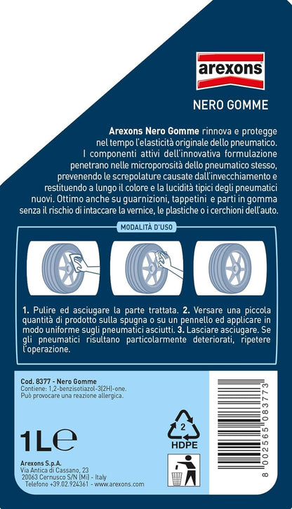 AREXONS NERO GOMME 1l Prodotto nero gomme auto, nero per pneumatici, nero gomme liquido, rinnova e protegge le gomme di auto e moto, previene dall'invecchiamento, maggiore elasticità della gomma - Store F.lli Adornetto srl