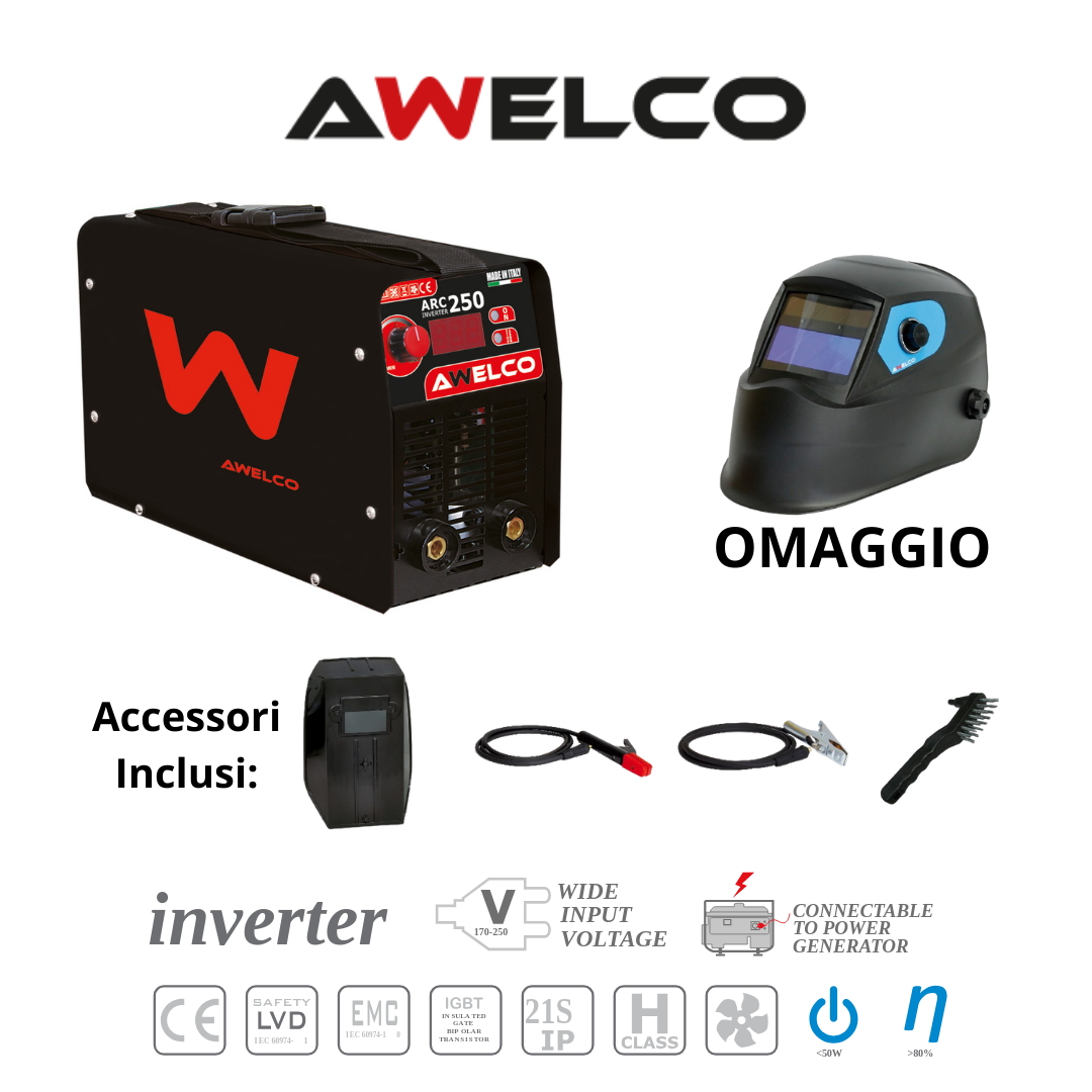 Kit Saldatura AWELCO ARC 250 con Casco Auto-Oscurante AWELCO 2000-E in Omaggio